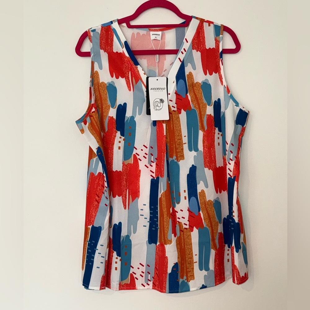 NWT Chiffon Colorful Abstract Print Sleeveless Tank Top Office Work Blouse - Picture 4 of 7